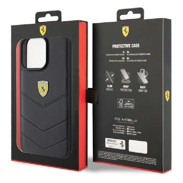 Ovitek Ferrari Genuine Leather za Apple iPhone 15 - črna