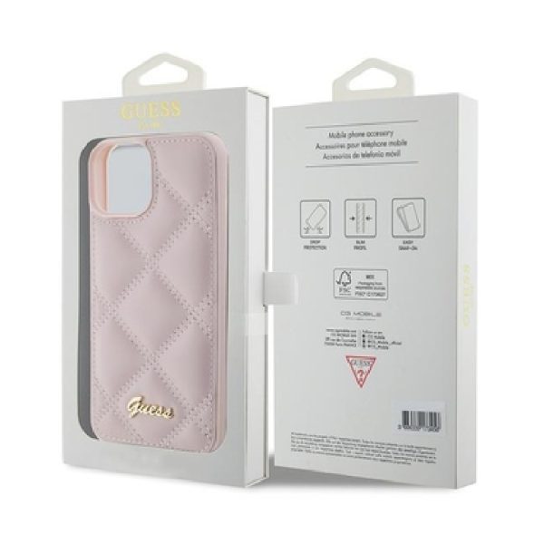 Ovitek Guess Quilted Metal Logo za Apple iPhone 15 - roza