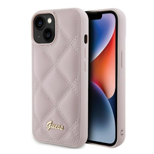 Ovitek Guess Quilted Metal Logo za Apple iPhone 15 - roza